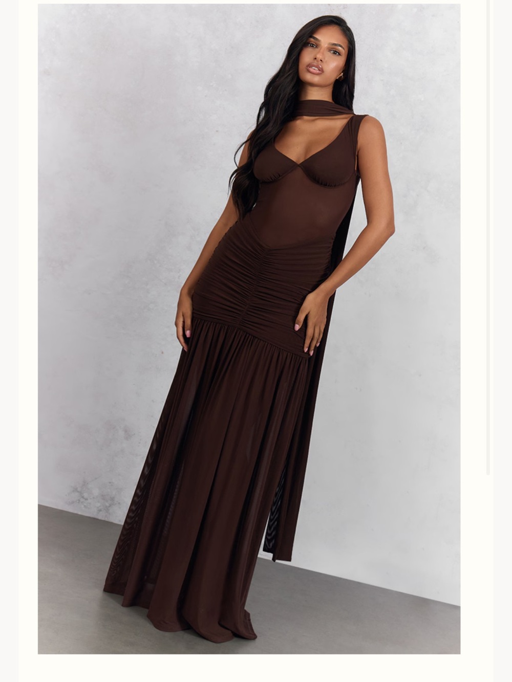 PrettyLittleThing Chocolate Brown Ruched Maxi Prom Dress
